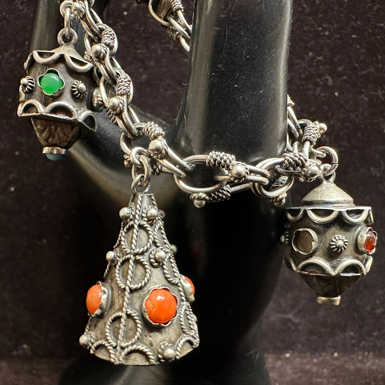 Silver 800 Triple Charm Oval Double Link Chain Bracelet L70 (1 of 9)