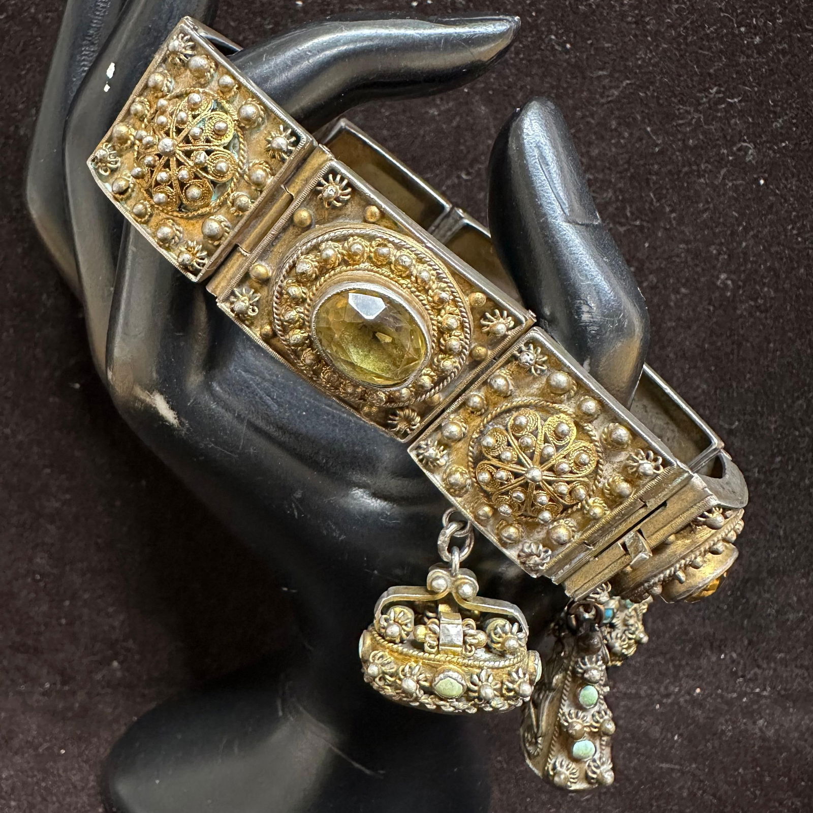 800 Silver Granulation Metal Bead Panel Link Citrine and Turquoise Filigree Bracelet (1 of 11)