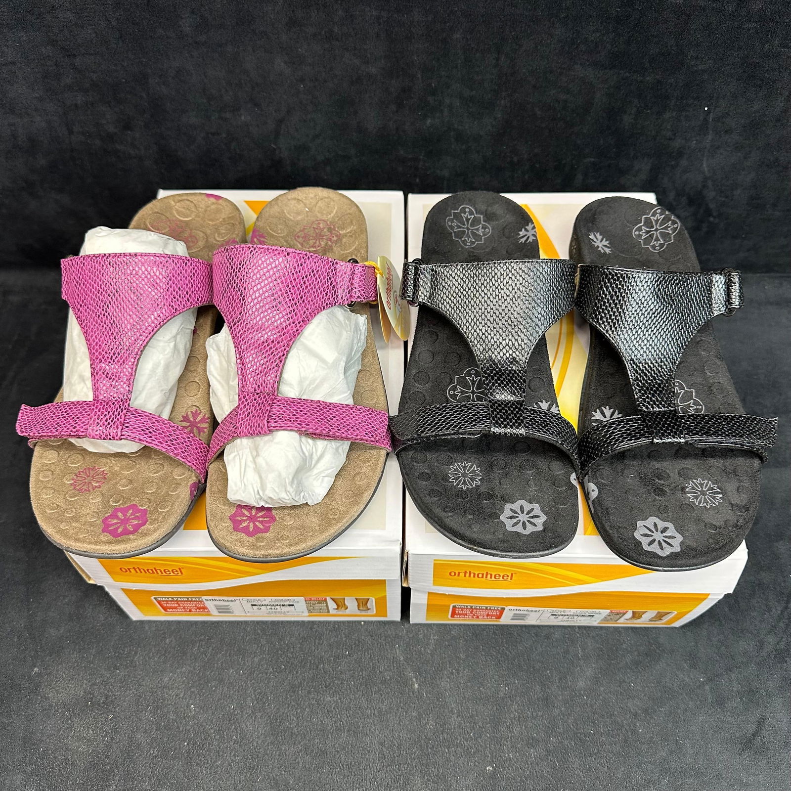 Orthaheel Womens Sandal Lot Black and Pink Molly Adjustable Comfort Sandals 2 Pairs Size 9: Pair of Orthaheel by Vionic womens sandals, both featuring the brand’s biomechanical orthotic foot bed for superior comfort and support. Includes: Black Molly style Sandals, Textured finish,