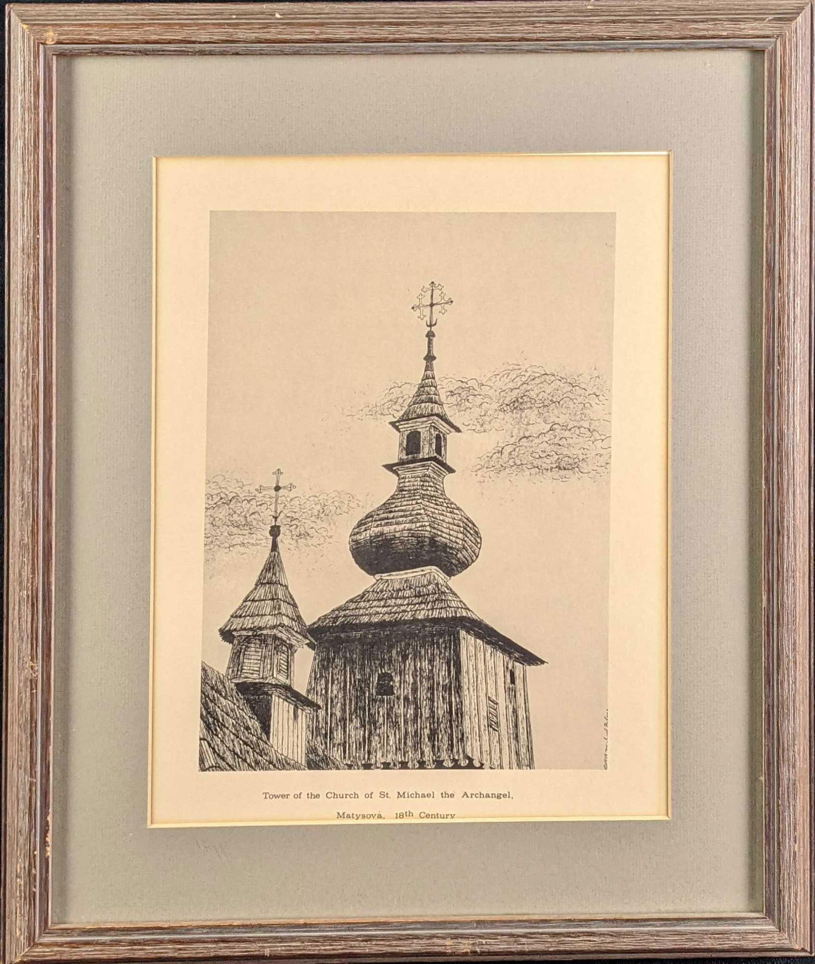 Framed Tower Of The Church Of St Michael The Archangel Print: "Tower Of The Church Of St Michael The Archangel - Matysova, 18th Century" print. Was released in 1979. The framed print is approx 15 1/2" x 1 1/4" x 18 1/2" and it weighs 3.43lbs. The print is approx