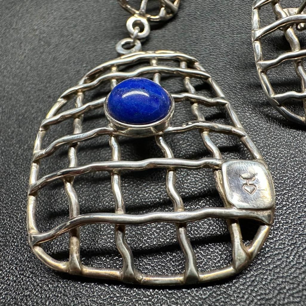 Large Asymmetric Silver Lapis Earrings - 2