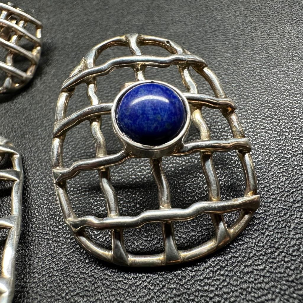 Large Asymmetric Silver Lapis Earrings - 3