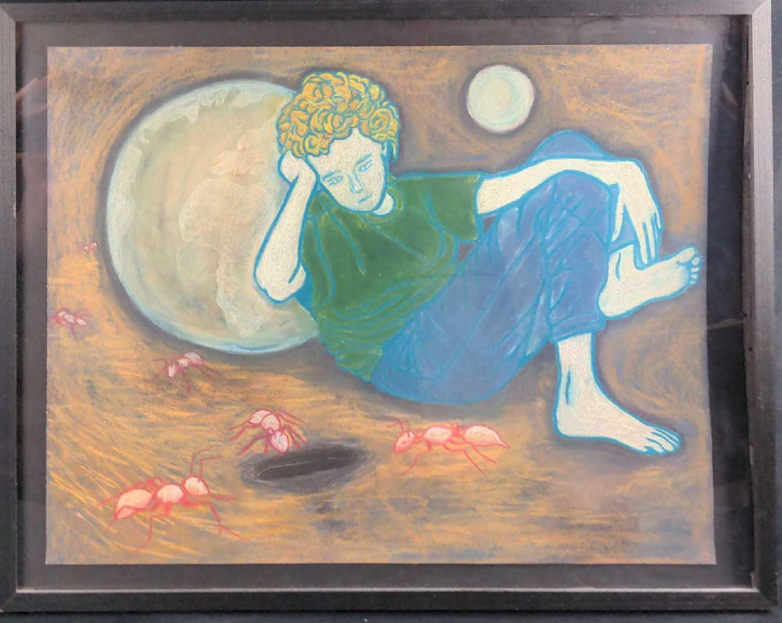 Original Framed Chalk On Paper Watching Ants X1: Here is an original chalk on paper of an a young girl watching large ants come out from their hole. This girl is an muse of the artist and she (or he) writes about this muse on an included postcard.