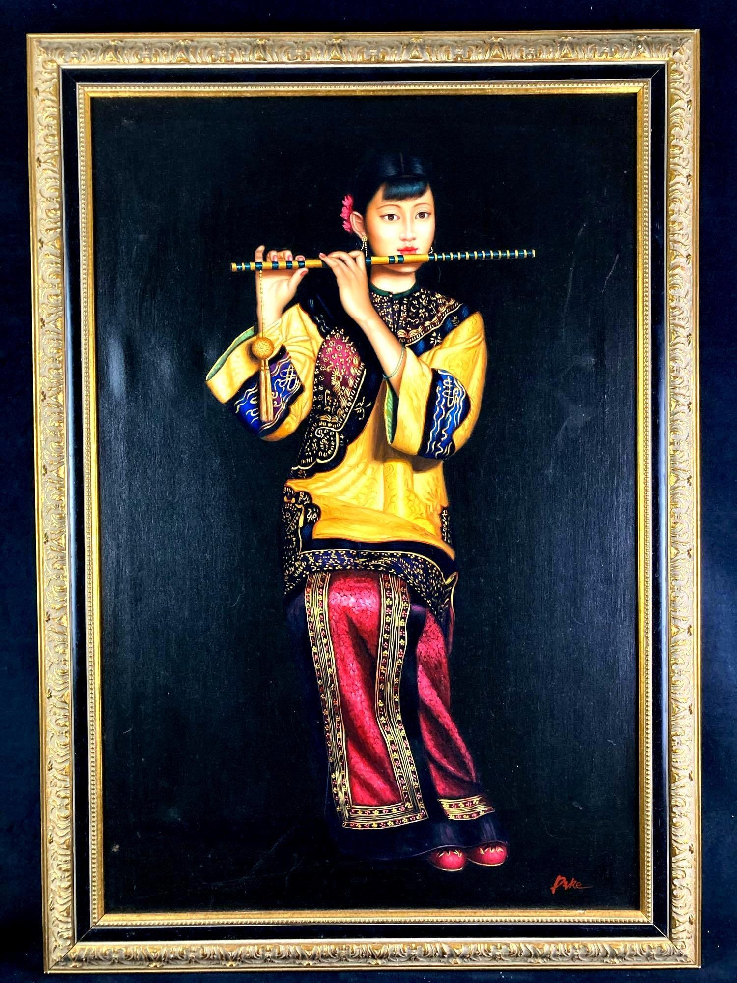 Chinese Woman Playing Flute Liu Chun Jian Canvas Print Reproduction: This lot includes: (1) Chinese Woman Playing Flute by Liu Chun Jian Canvas Print Reproduction Condition is used and see photographs for additional details. The print is based off the work of