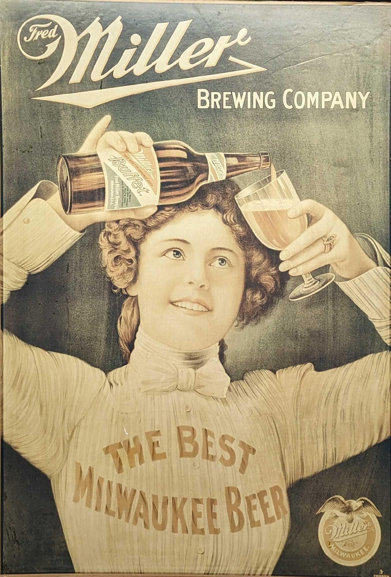 Vintage Milwaukee Miller Beer Reproduction Poster: Vintage Milwaukee Miller Beer Reproduction Poster. This is a paper print that had been dry mounted on cardboard and was printed by the 'Color Darkroom Corp". The sign is approx 20" x 28 7/8" and it