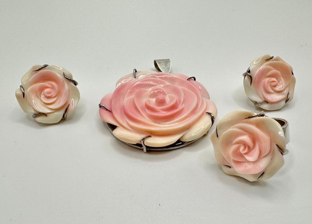 Carved Shell Sterling Ring, Pendant, Earring Set: This piece of jewelry has been tested and researched prior to listing. Please view all our pictures they are part of our description. DETAILS: Metal - 925 Sterling SilverColor - SilverStones - Carved