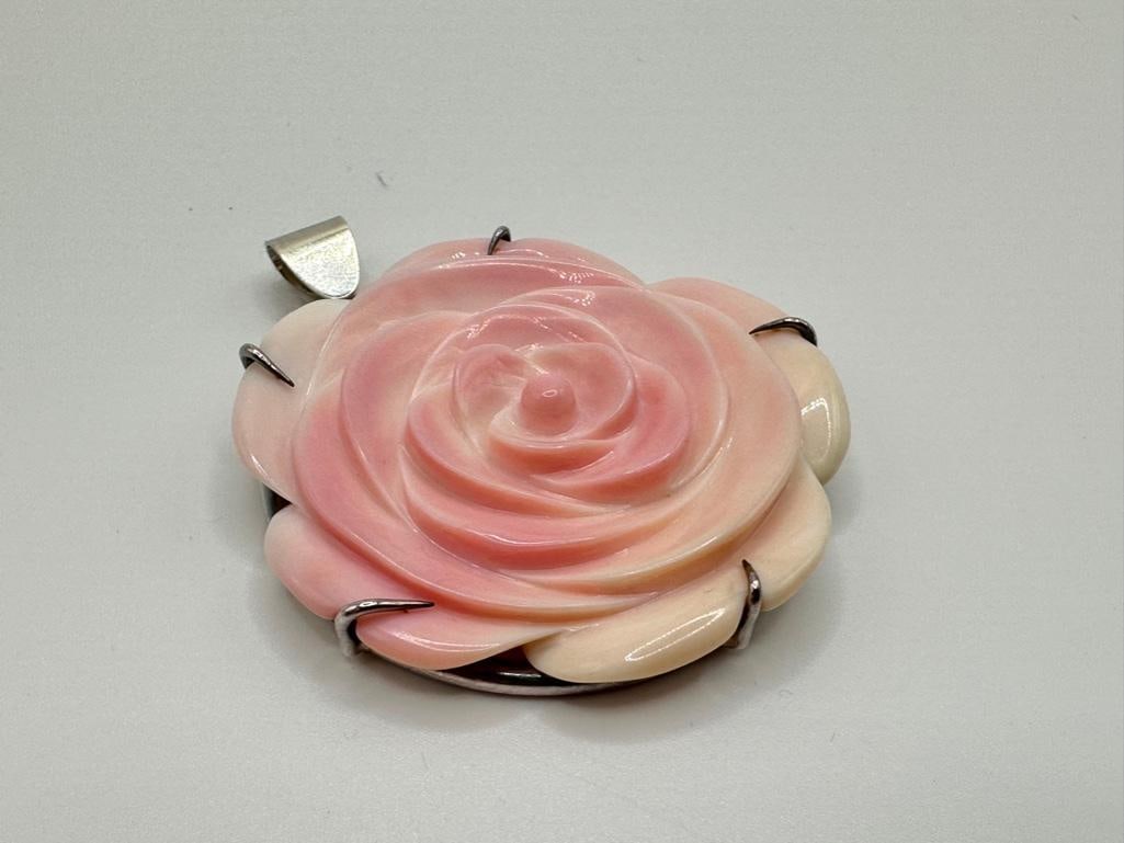 Carved Shell Sterling Ring, Pendant, Earring Set - 3