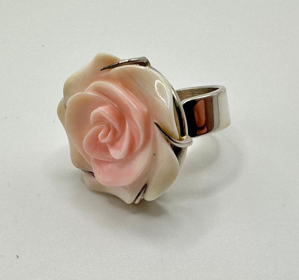 Carved Shell Sterling Ring, Pendant, Earring Set - 4