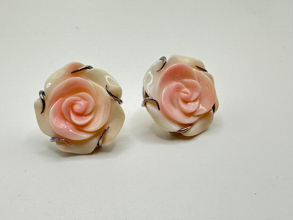 Carved Shell Sterling Ring, Pendant, Earring Set - 5