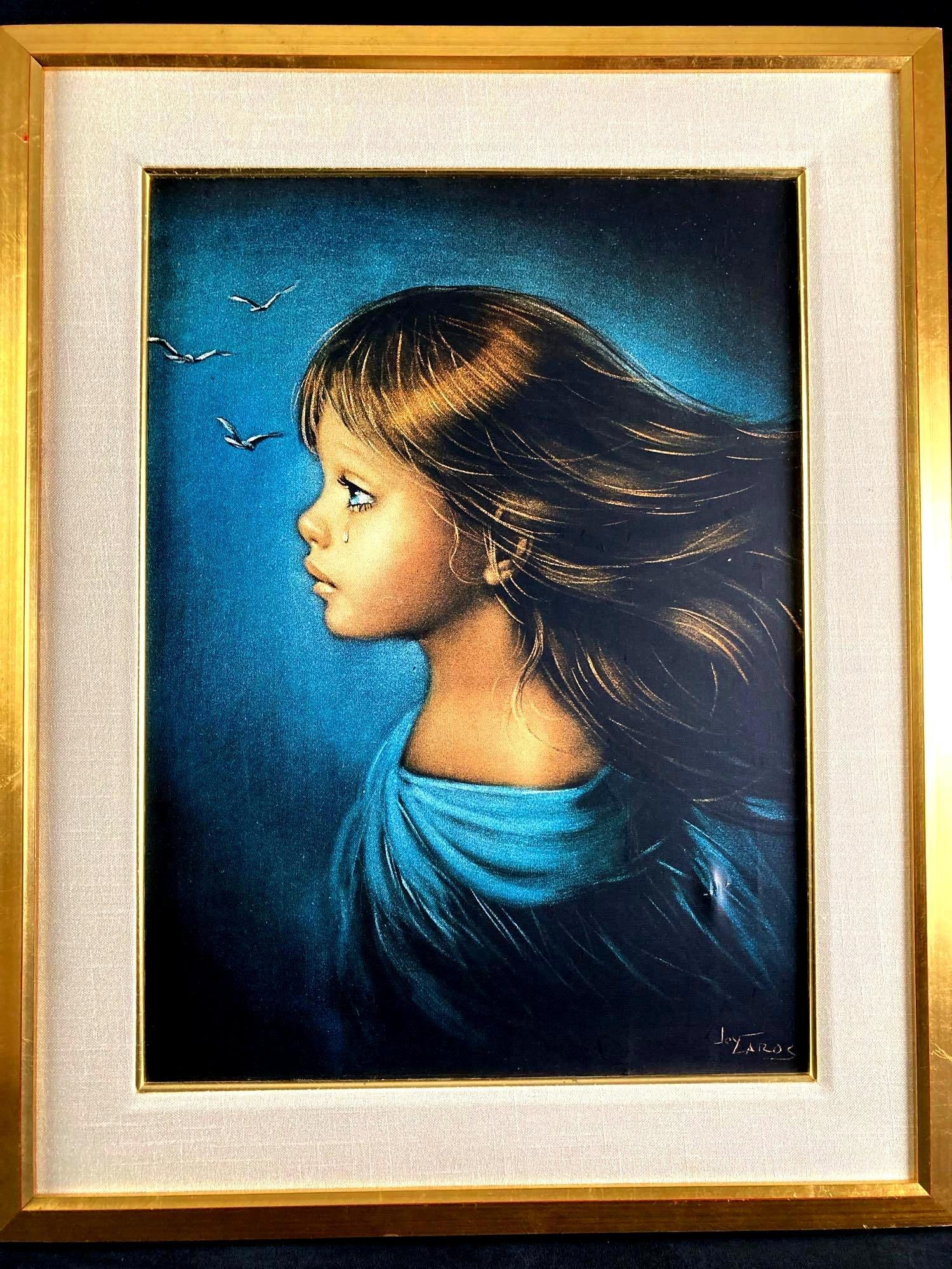 Crying Girl Print by Joy Caros: This lot includes: (1) Crying Girl Print by Joy Caros Condition is used and see photographs for additional details. The print depicts a girl crying and signed by the artist Joy Car