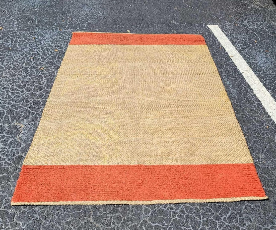 PB Teen Jute Chenille Area Rug: Pink Magenta and tan colored rug is by PB teen and is a Quinn Jute Chenille rug. Handmade in India. In good used condition. Approx. measures 5' x 8', weight is 28.5 lbs