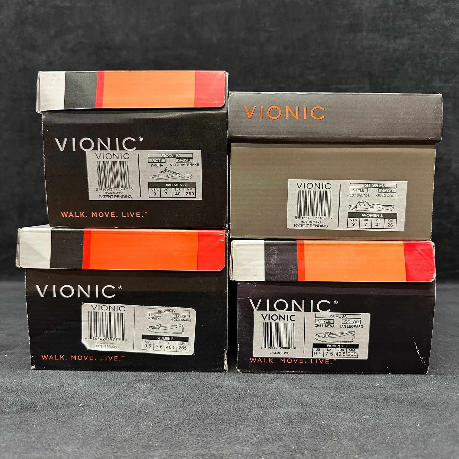 Lot of Four Women’s Vionic Shoes Loafers and Sandals with Boxes: Collection of four pairs of Vionic women’s shoes, including assorted loafers and cork sandals. Various styles and sizes as labeled on boxes. All pairs appear lightly worn or unused and include