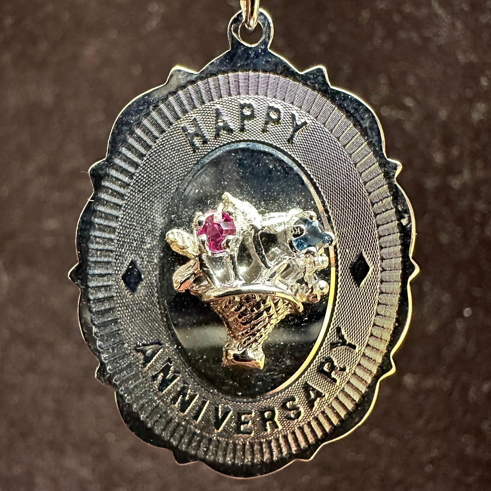 Flower Bouquet Happy Anniversary Sterling Pendant Q58: This item is in good pre-owned, previously used/displayed condition with noticeable light wear and surface scratches. Please reference all photos for full details. This piece of jewelry has been