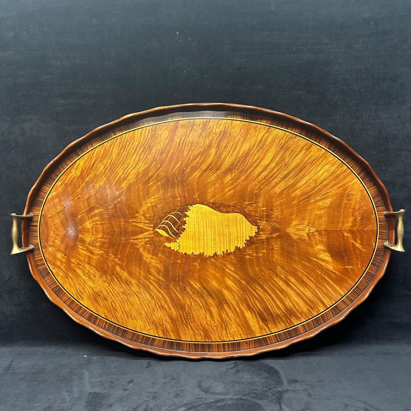 Large Oval Figured Wood Serving Tray with Inlay and Brass Handles (1 of 9)
