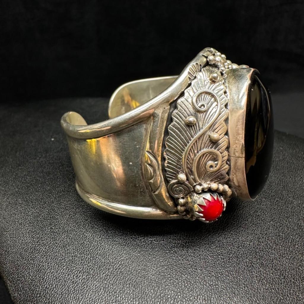 Large Black Oval Stone Sterling Cuff - 2