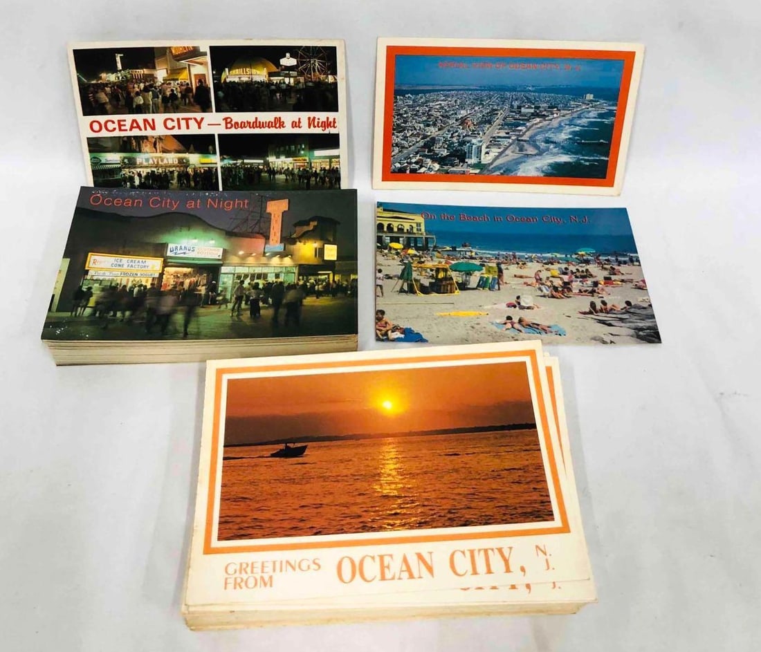 Over 100 Ocean City N.J. Postcards + Three Bonus Cards: This lot contains Over 100 Ocean City N.J. Postcards + Three Bonus Cards. The largest post card is approx 4 1/4" x 5 3/4" and altogether they weigh about 1lb. There are two duplicate stacks of