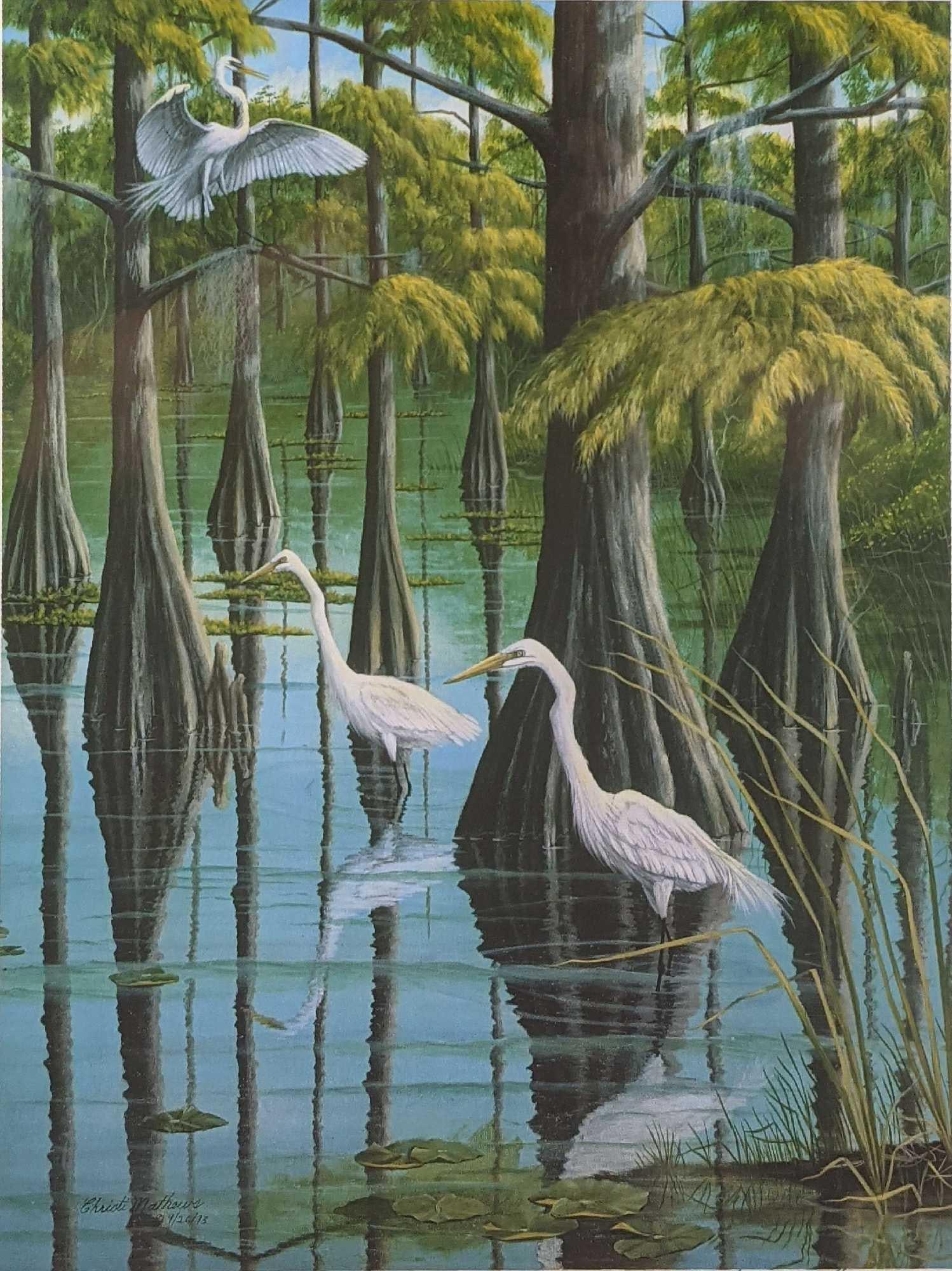 Framed Christi Mathews Signed LE Two Egrets - 2
