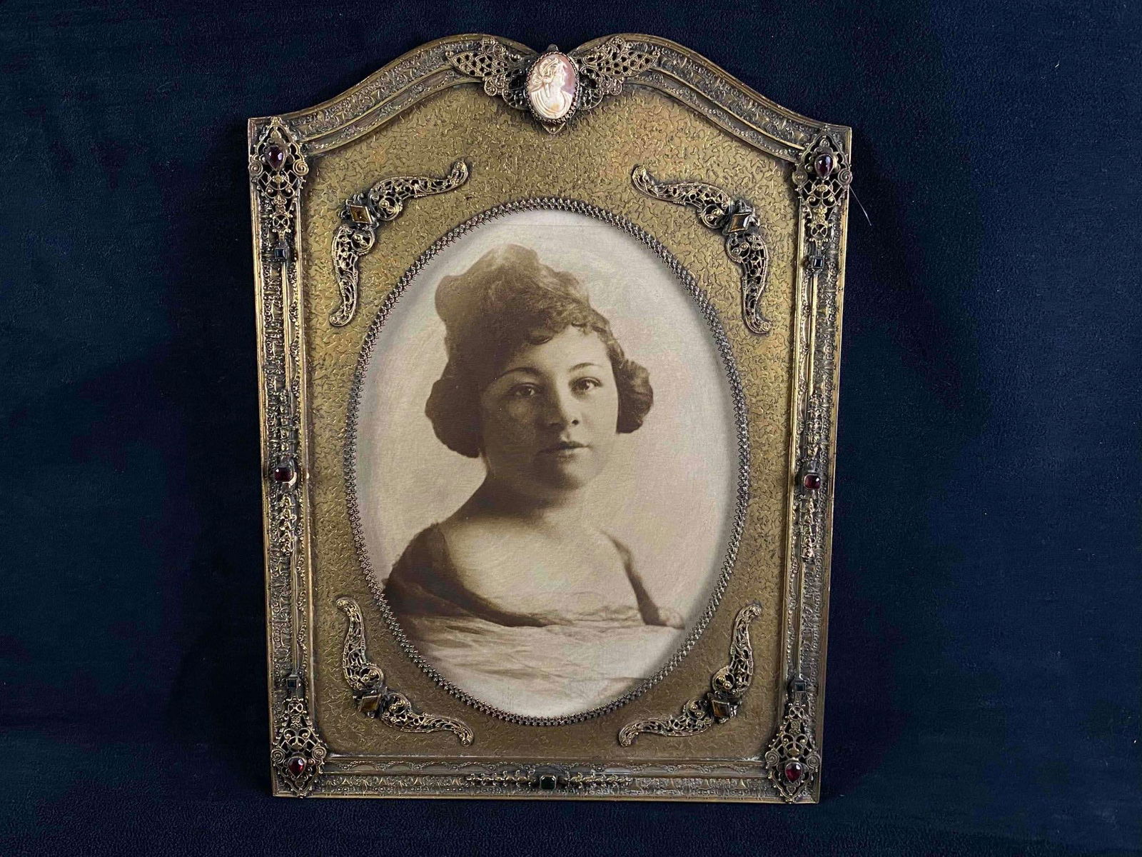 Rare 1920's French Designer SilverCraft Jeweled Filigree Cameo Brass Frame: This stunning rare French frame with its ornate filigree design beautiful encrusted glass jewels and centered cameo is in very good condition for its age with some tearing to the back silk cover as pi