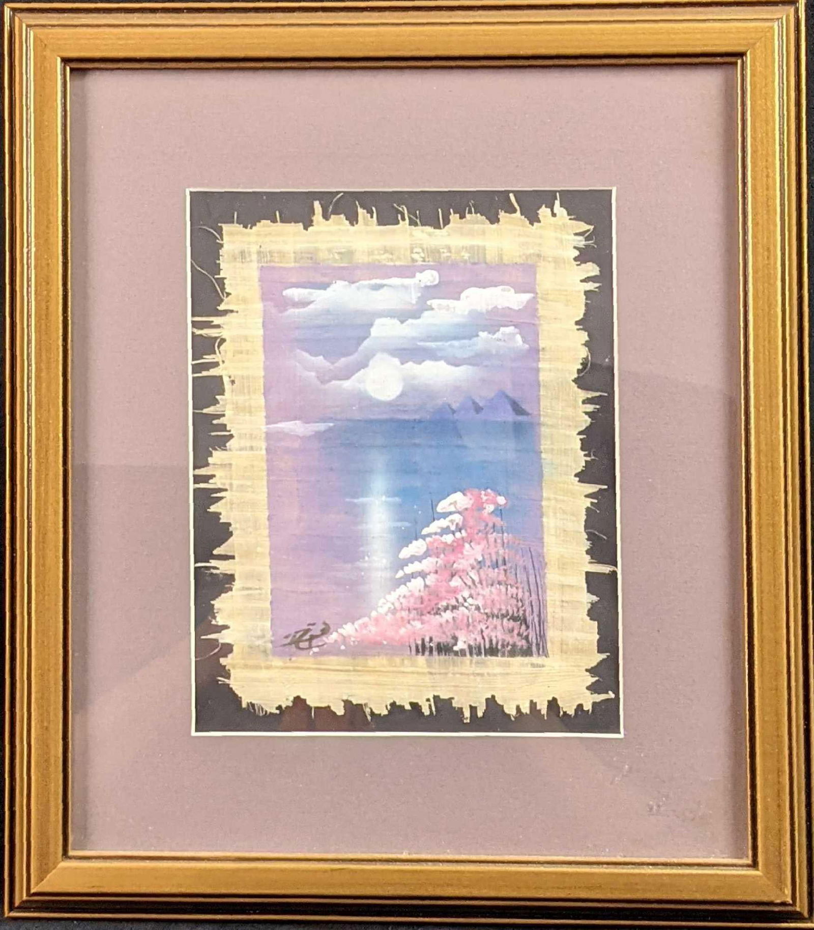 Original Framed Oil On Papyrus Nighttime Pyramids Egyptian: Here is an original oil on the papyrus of the moon with clouds and three pyramids. The original is signed by the artist on the bottom left. Framed original is approx 11 1/2" x 1" x 13 1/2".