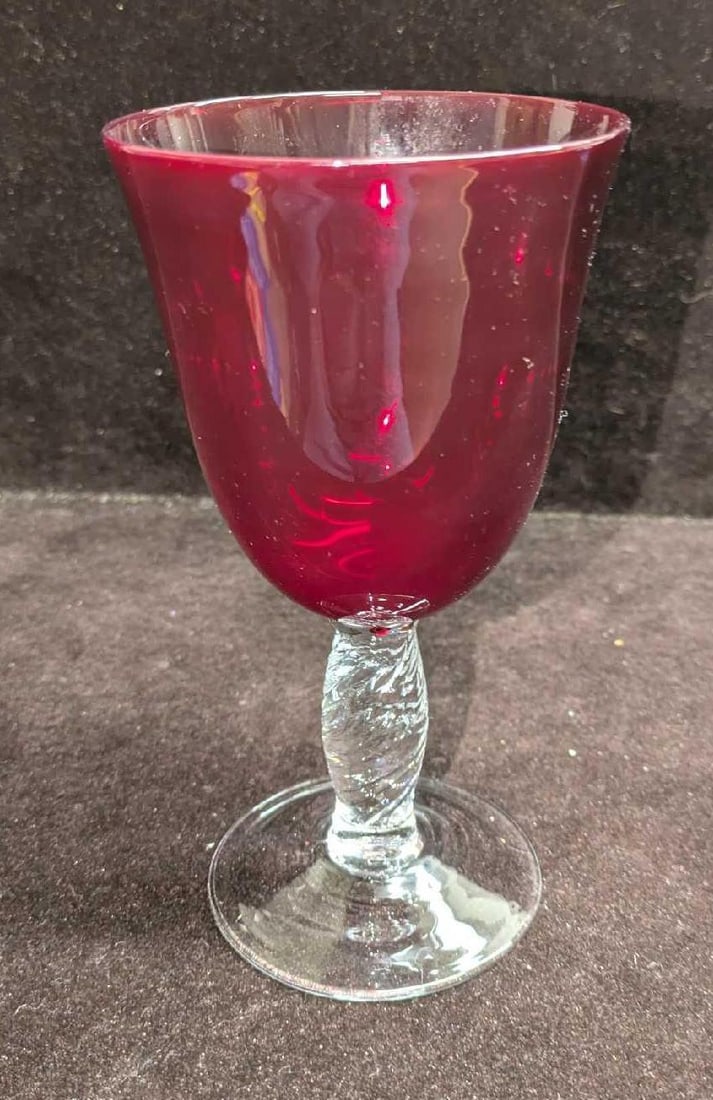 2 Vintage Ruby Red Twisted Stem Water Goblets - 3