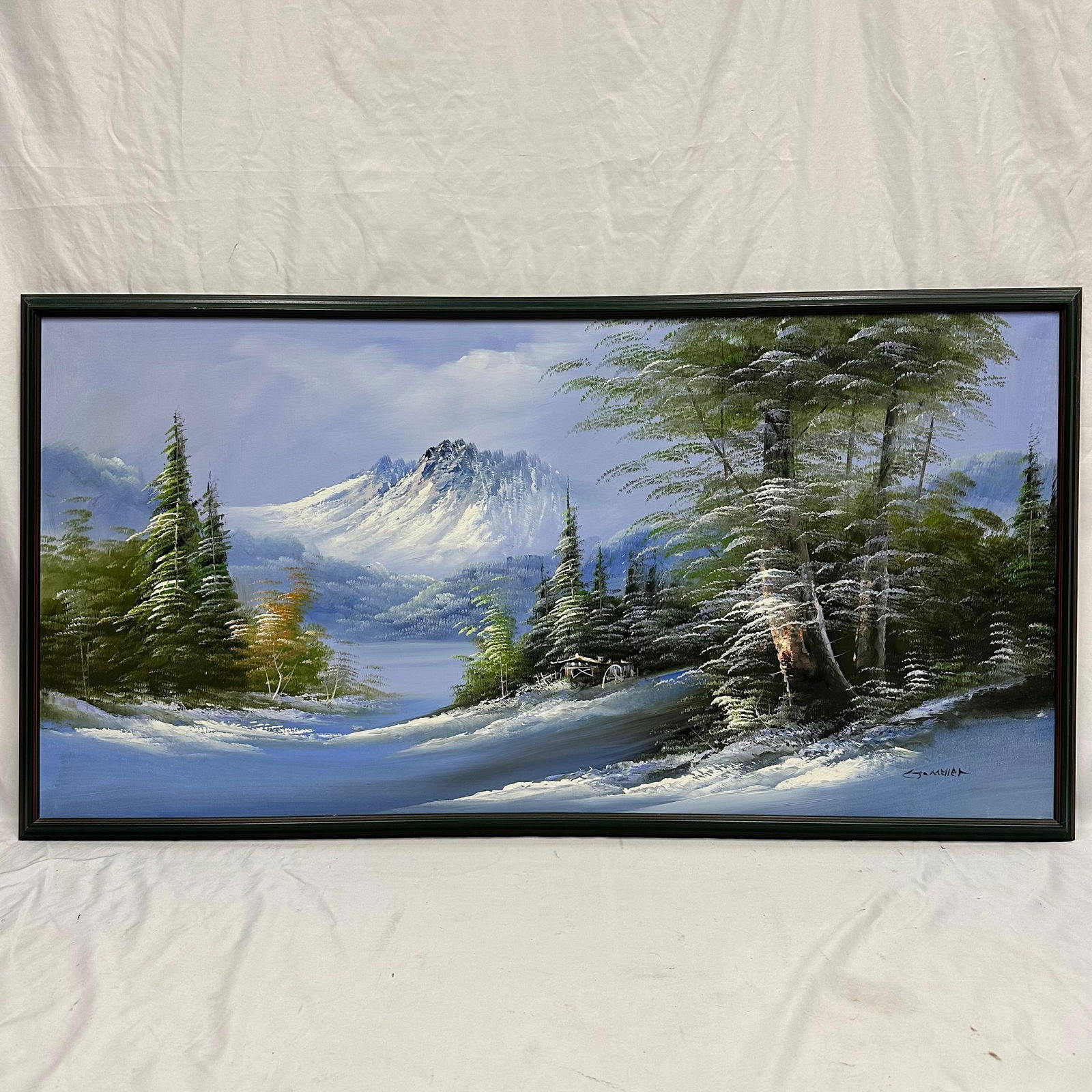 Winter Mountain Landscape Oil Painting on Canvas Snow Scene Cabin and Pines Forest Green Frame: Original oil painting on canvas, signed, unknown artist, depicting a tranquil snow-covered landscape with pine trees, a distant cabin, and mountains in the background. Framed in a simple dark forest g