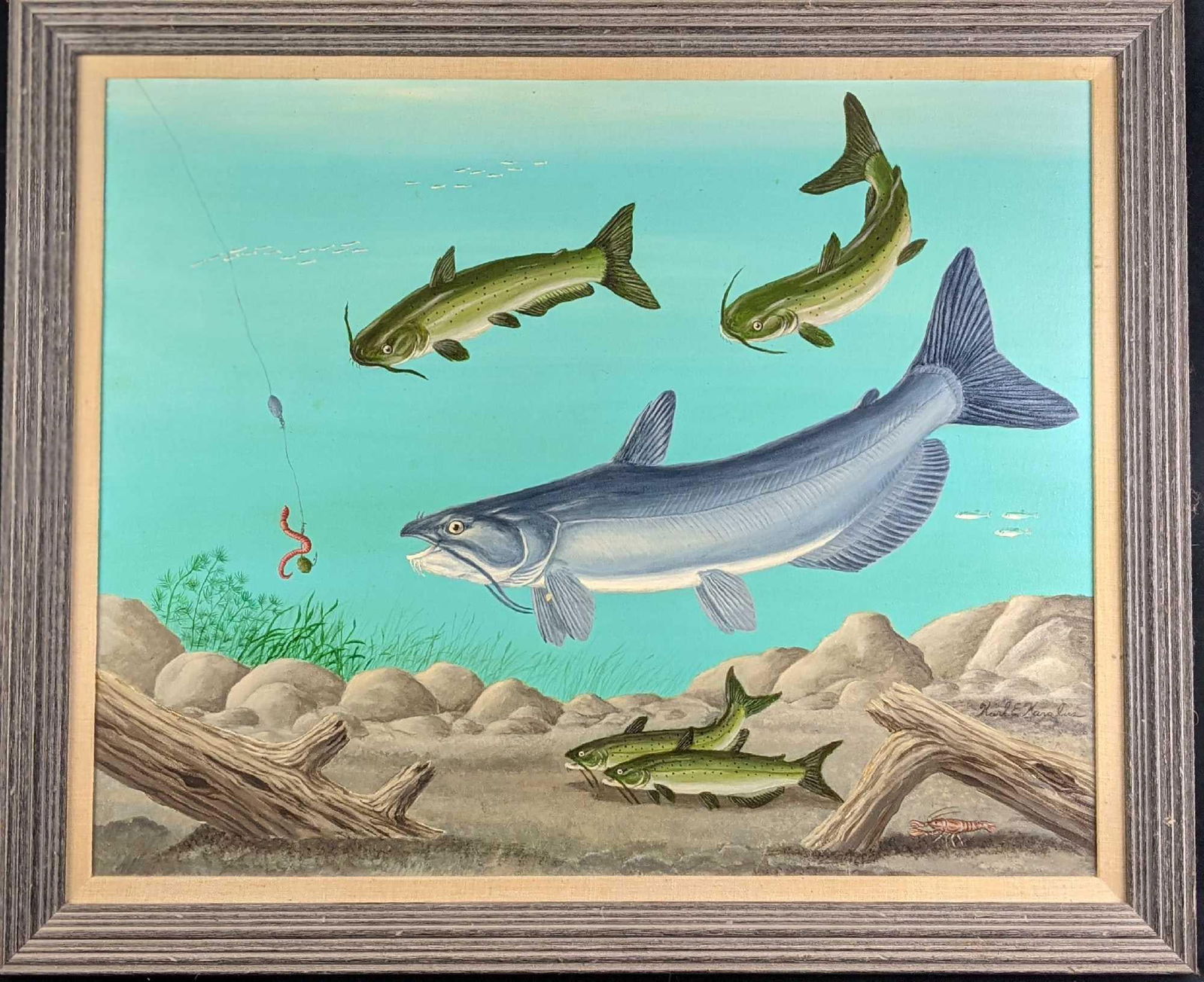 Original Framed Acrylic On Canvas Fishing Karl Karalus (1926-2013): Subject:FishingSize:34 1/2" x 1 1/2" x 29".Weight:8lbs.Medium: Acrylic On Canvas Karl Karalus (1926-2013) was an illustrator and wildlife painter. He was married to Helen Couch Karalus.