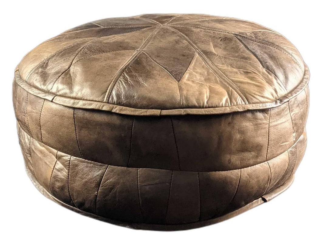 Vintage Leather Pouf Floor Cushion: Vintage Leather Pouf Floor Cushion. Maker and date of creation is unknown. Is approx 23" x 23" x 8" and it weighs 4lbs. The pouf is in a good, vintage condition with wear from use and a