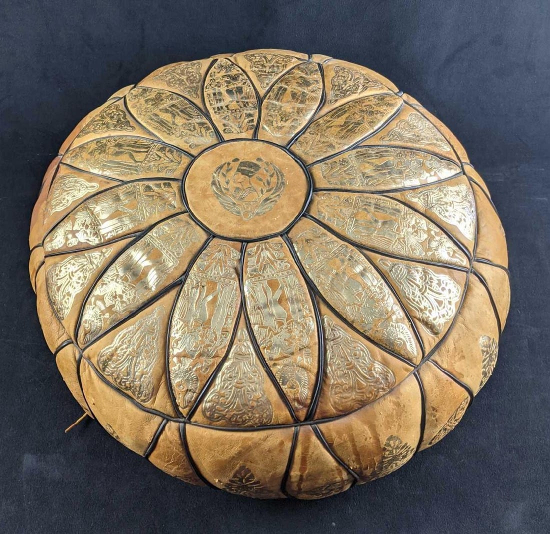 Leather Middle Eastern Seat Cushion: Leather Middle Eastern Seat Cushion This is an authentic leather seat cushion from the middle east. It has gold designs of ornamental patterns. This cushion has wear but is in good condition. There