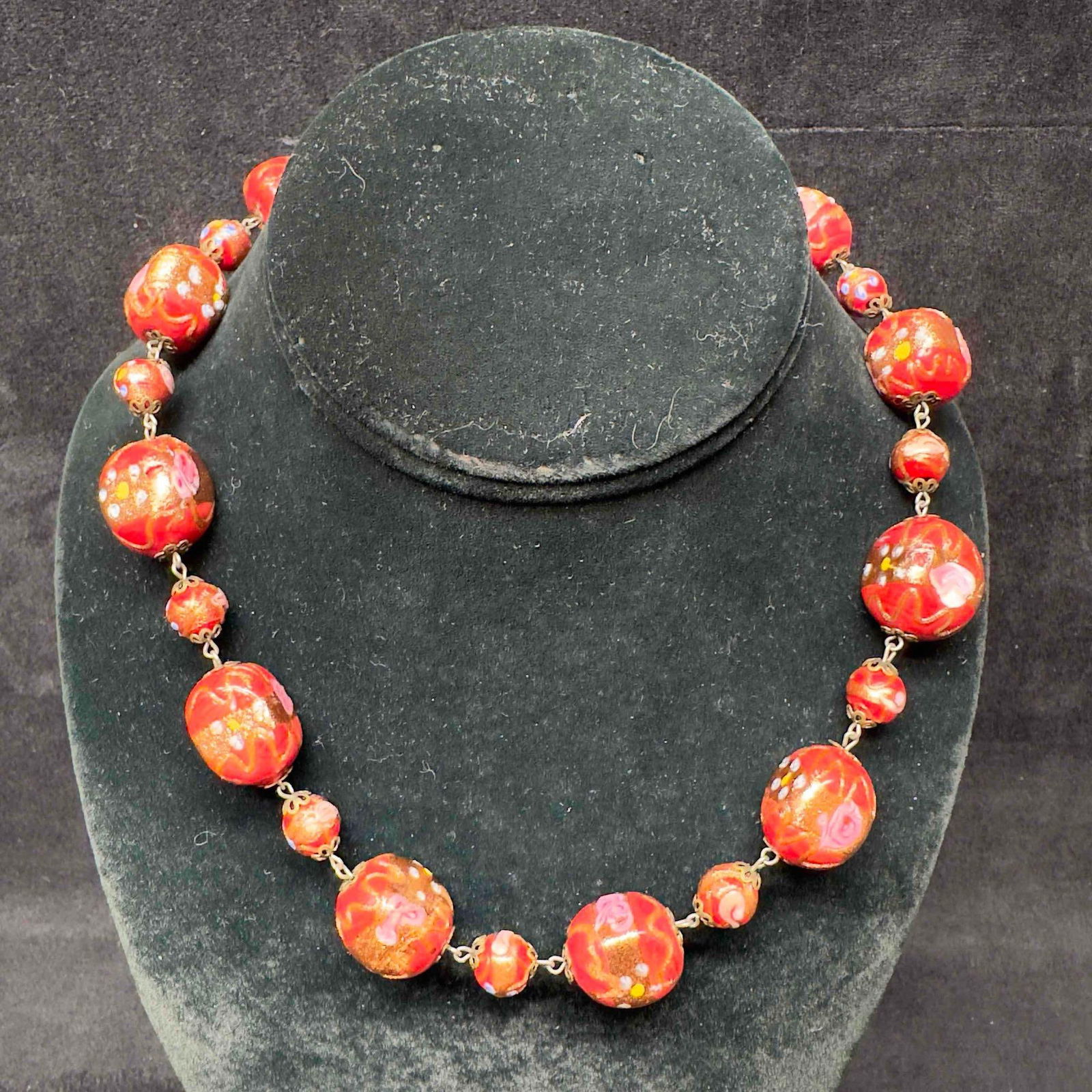 Venetian Murano Lamp Work Art Glass Fiorato Bead Floral Red Beaded Necklace B89 (1 of 7)