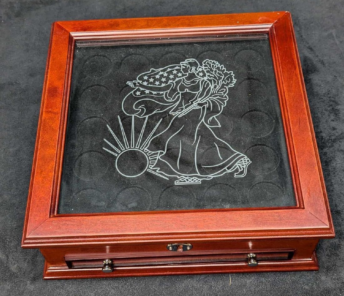Complete Collection Of Walking Liberty Half-Dollars Wooden Box: Complete Collection Of Walking Liberty Half-Dollars Wooden Box. This is approx 10 7/8" x 10 3/4" x4 1/4" and the weight is 5.50lbs. It does not come with the coins or key. It comes with 12 "News Of Th