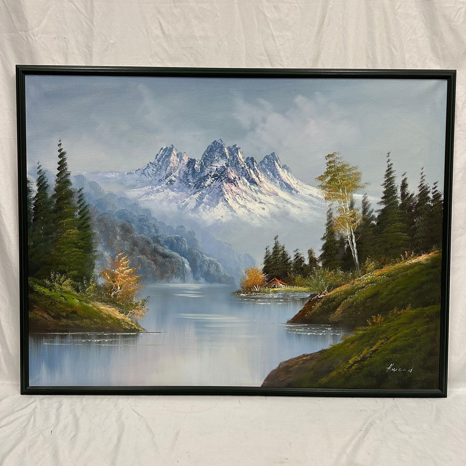 Signed H. Wood Mountain Lake Landscape Oil Painting on Canvas Snowcapped Peaks and Cabin Scene (1 of 12)