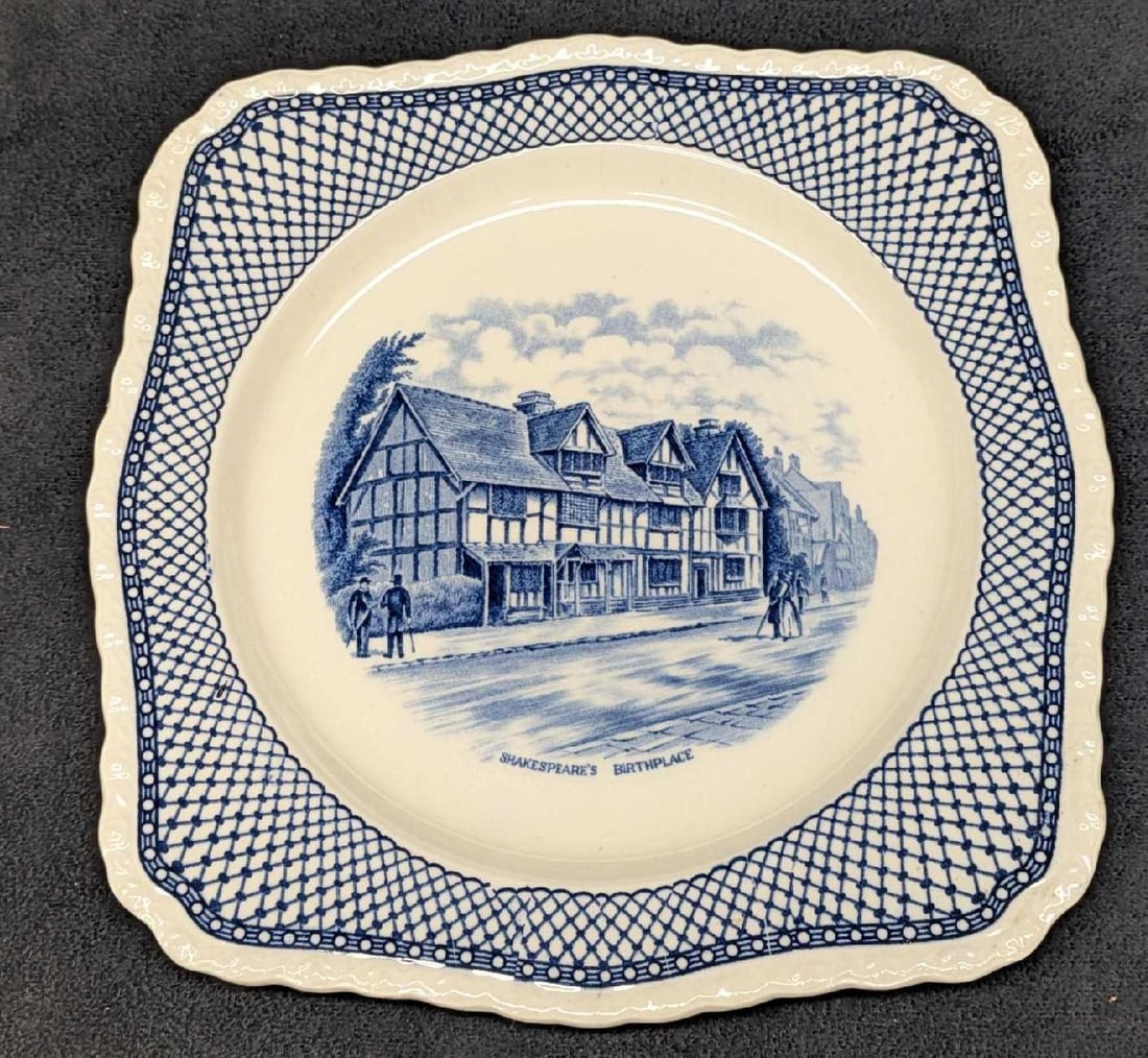 Vintage Retired Square Salad Plate Myott Staffordshire Shakespeare Birthplace: Vintage Retired Square Salad Plate Myott Staffordshire Shakespeare Birthplace. This is approx 3/4" x 8 1/2" x 8 1/2" and it weighs 0.82lb. The plate has crazing and there is a little bit of extra