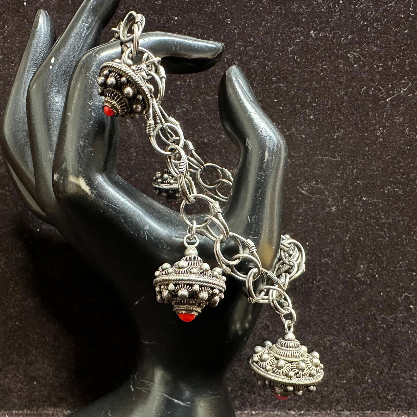 Ornate Fob Dangle Charm Silver Bracelet Red Stone Settings T1: This item is in good pre-owned, previously used/displayed condition with noticeable light wear and surface scratches. Please reference all photos for full details. This piece of jewelry has been