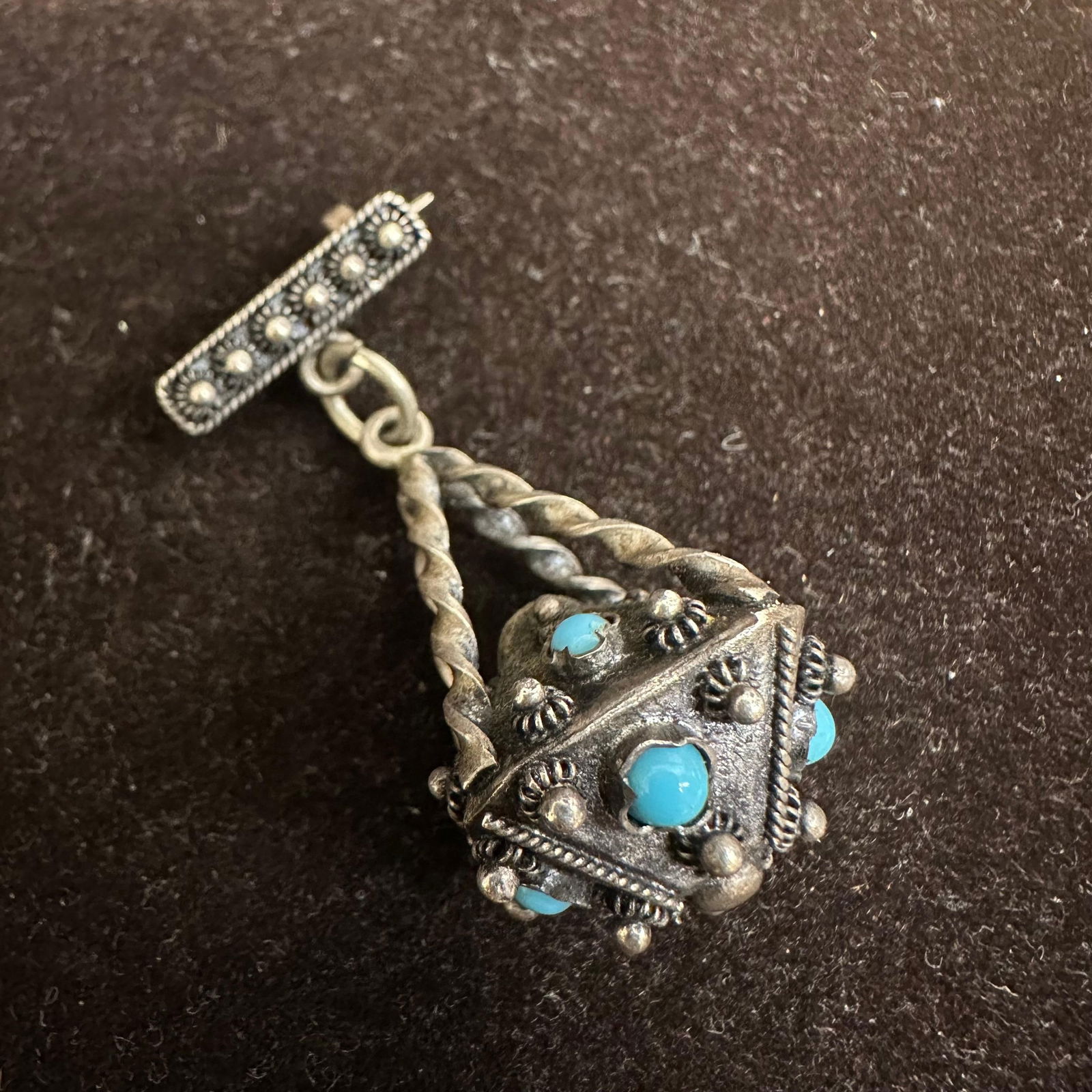 Victorian Revival Style Blue Turquoise Multi Stone Silver Fob Brooch Dangle Charm T45 (1 of 7)