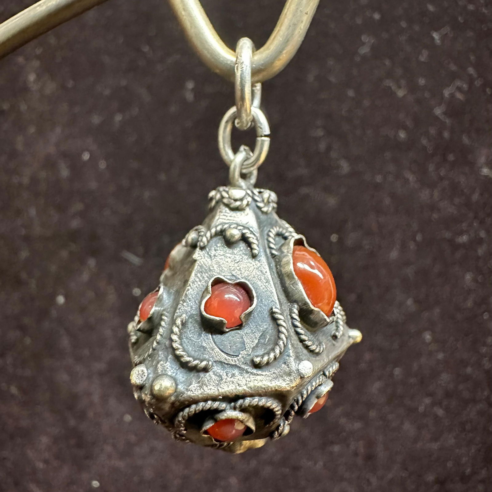 Carnelian Orange Red Stone Victorian Etruscan Style Silver Fob Charm: This item is in good pre-owned, previously used/displayed condition with noticeable light wear and surface scratches. Please reference all photos for full details. This piece of jewelry has been