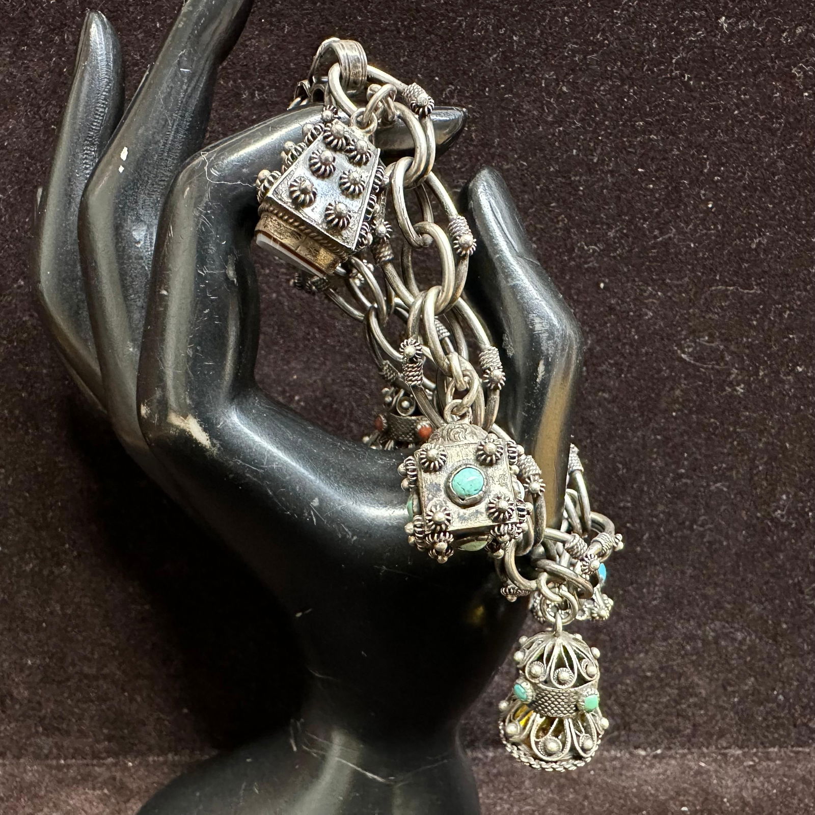 Faux and Natural Stone Six Charm Silver Victorian Etruscan Style Bracelet T3: This item is in good pre-owned, previously used/displayed condition with noticeable light wear and surface scratches. Please reference all photos for full details. This piece of jewelry has been