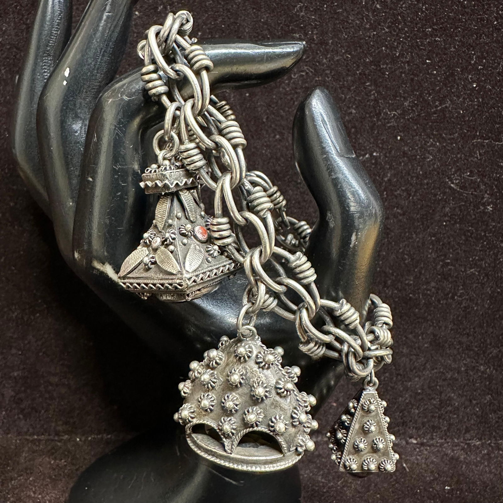 Natural Stone Five Charm Victorian Etruscan Style Silver Bracelet T32: This item is in good pre-owned, previously used/displayed condition with noticeable light wear and surface scratches. Please reference all photos for full details. This piece of jewelry has been teste