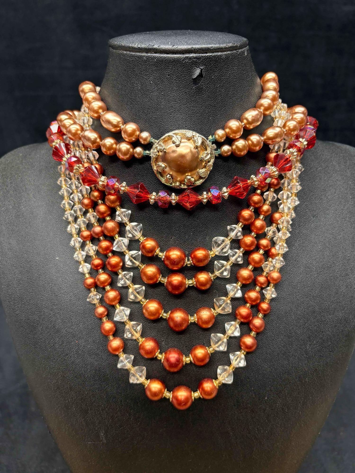 3pc Bronze Royal Beaded Jewelry Lot: This lot consists of 3 pre-owned costume jewelry necklaces with typical wear from use. Please review images for context of the lots visual conditions. APPROX. WEIGHT: 9.2 OZ