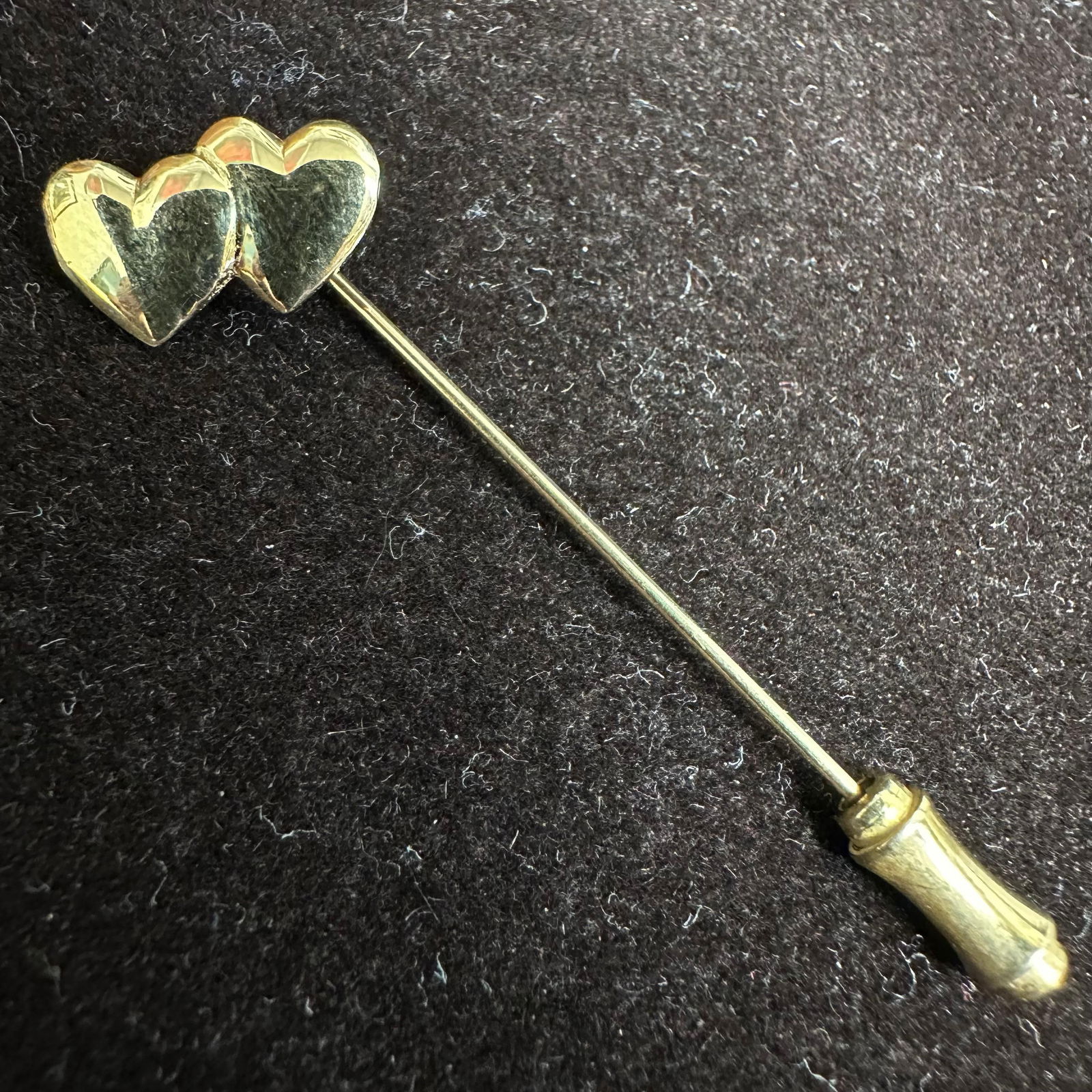 Double Heart Stick Pin 14K Yellow Gold: This item is in good pre-owned, previously used/displayed condition with noticeable light wear and surface scratches. Please reference all photos for full details. This piece of jewelry has been teste