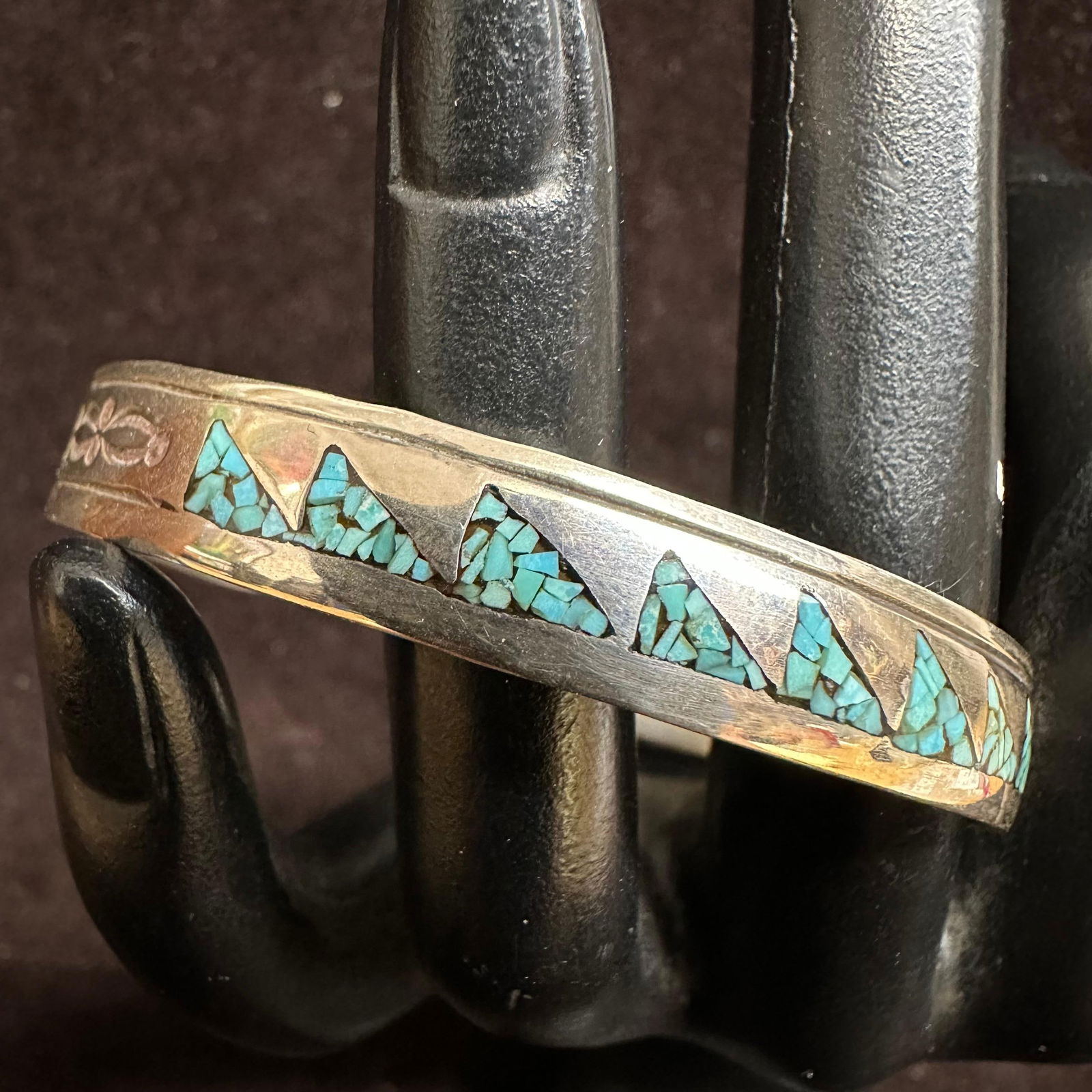 Native American Style Turquoise Geometric Chip Inlay Silver Cuff Bracelet FB Signed: This item is in good pre-owned, previously used/displayed condition with noticeable light wear and surface scratches. Please reference all photos for full details. This piece of jewelry has been
