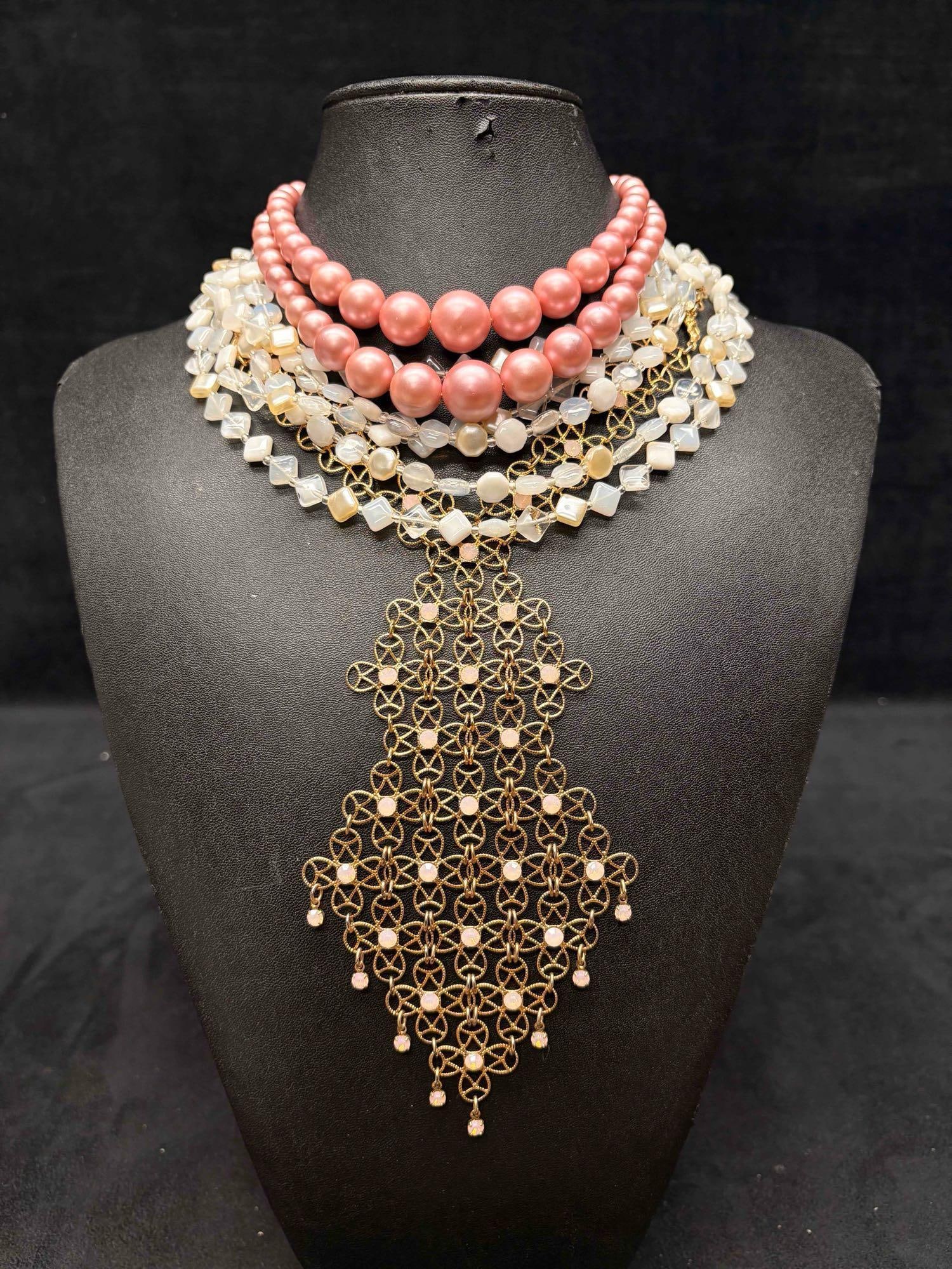 3pc Pink White and Gold Geometric Necklace Set (1 of 10)