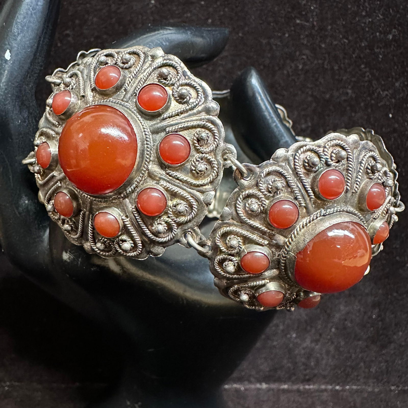 Vintage Revival Style 800 Silver Carnelian Filigree Hinged Panel Bracelet (1 of 9)