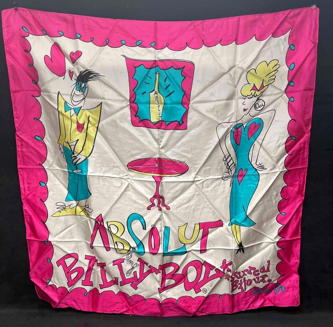 Absolut Vodka 100% Soie Silk Scarf Billy Boy Paris & Pin(G): This lot contains a Absolut Vodka 100% Soie Silk Scarf Billy Boy Paris & Pin(G). It is approx 7" x 5 1/2" when folded up and the total weight is 2.3oz. Overall the scarf is in excellent used