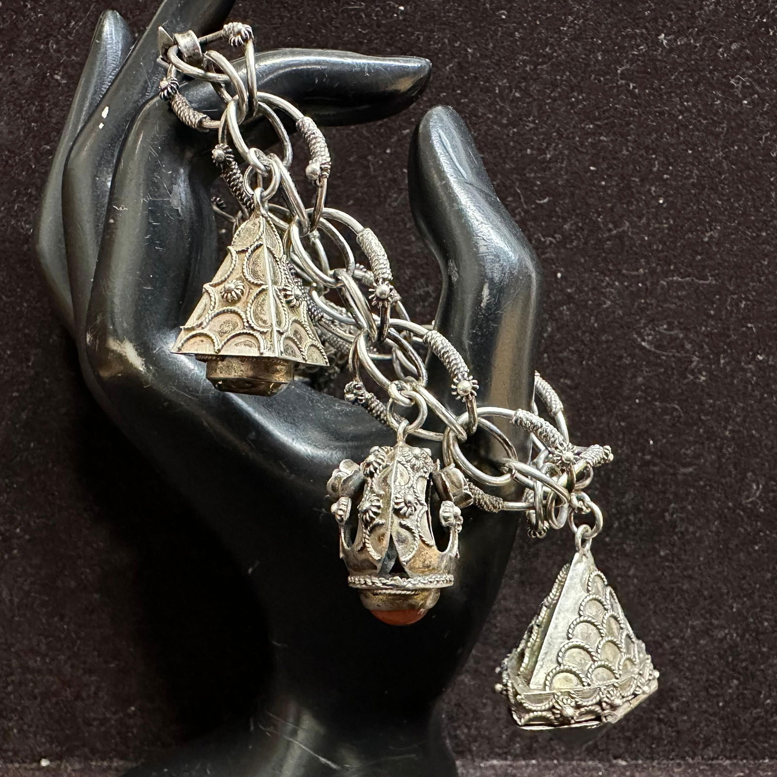 Italian Etruscan Revival Style 800 Silver Coral Agate Quartz Charm Bracelet Q98: This item is in good pre-owned, previously used/displayed condition with noticeable light wear and surface scratches. Please reference all photos for full details. This piece of jewelry has been teste