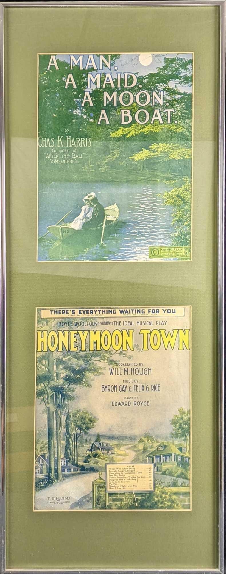 Framed Vintage Sheet Music Covers: This frame includes: (1) "A Man, A Maid, A Moon, A Boat" By Chas K Harris. This is approx 10" x 13". (1) "Honeymoon Town" By Will M Hough. This is approx 10" x 13".
