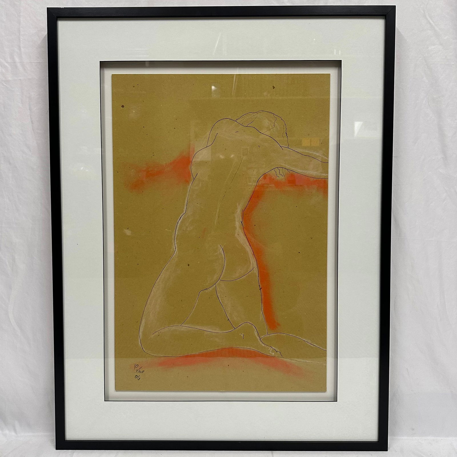 Corinne Vue Original Nude Kneeling Female Mixed Media Framed Signed Dated: Original nude figure, Mixed Media by French artist Corinne Vue, dated. Many of her works are dedicated to the exaltation of the female nude; they are all tributes to the female body, its forms, and it