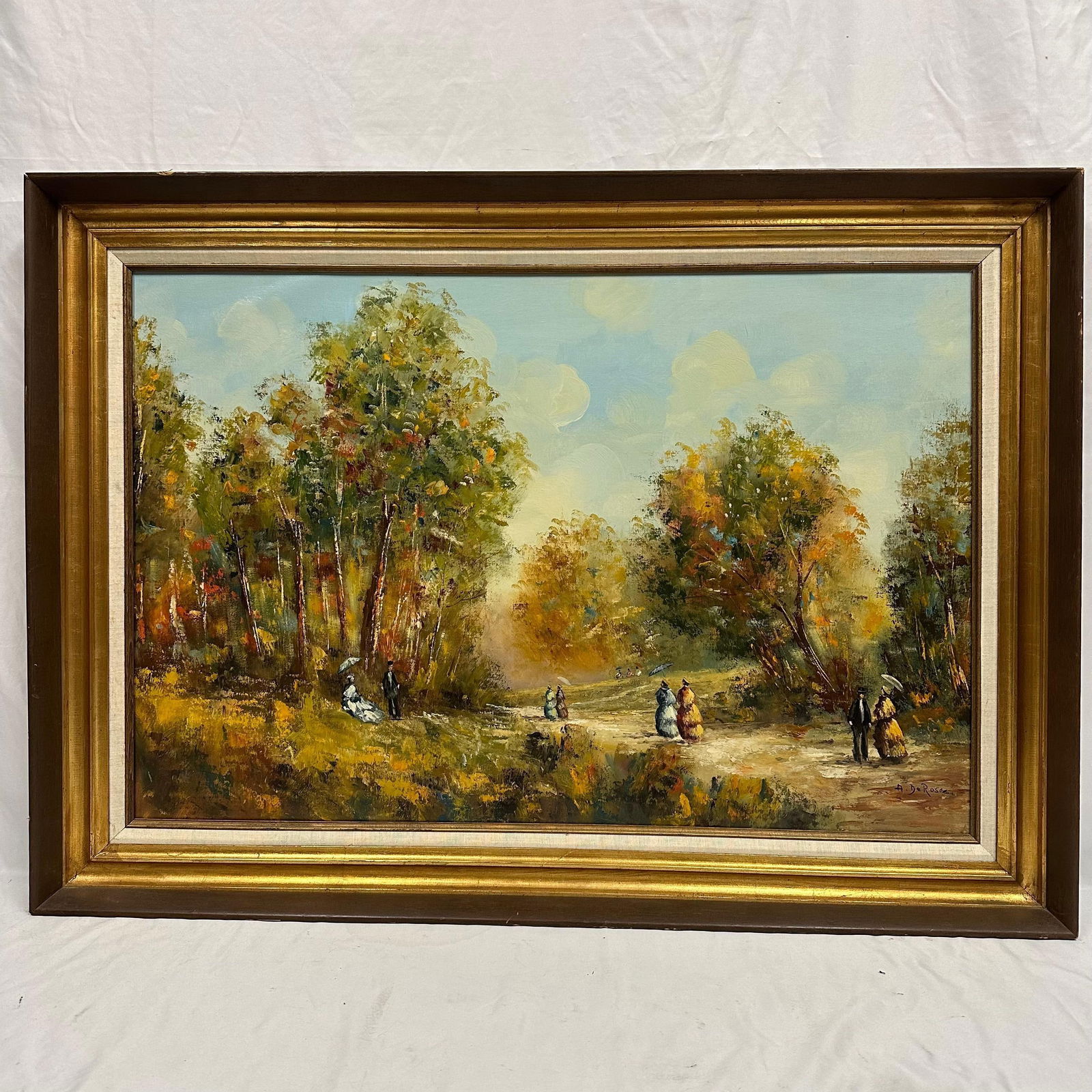 Vintage Oil on Canvas Autumn Landscape with Strolling Figures Signed A. DeRosa (1 of 13)