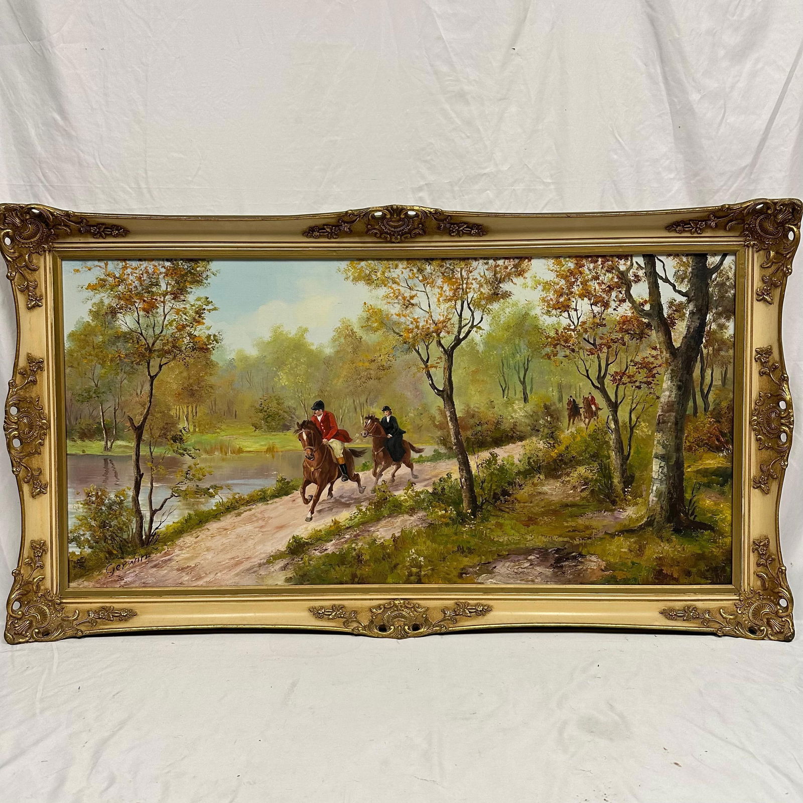 Large Signed Oil Painting Equestrian Riders on Woodland Path Fox Hunting Style (1 of 10)