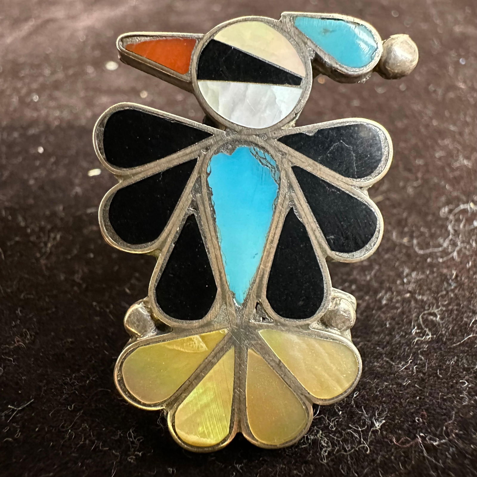 Multi Stone Inlay Zuni Thunderbird Style Silver Ring Unsigned - 8