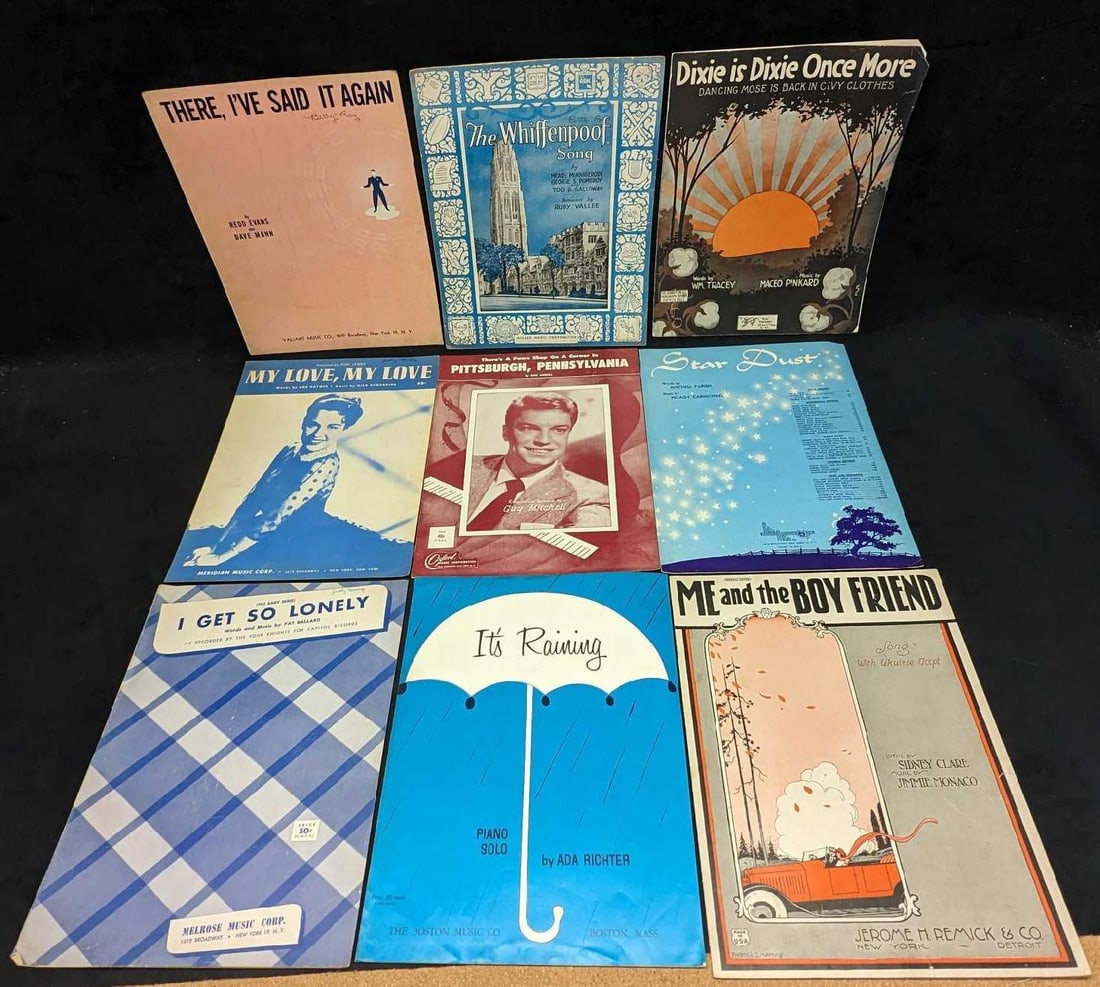 9 Vintage Classic Music Sheet Music Star Dust: 9 Vintage Classic Music Sheet Music Star Dust. This lot includes: (1) I Get So Lonely. This was copyrighted in the year 1953.(1) It's Raining. This was copyrighted in the year 1969.(1) Me And The